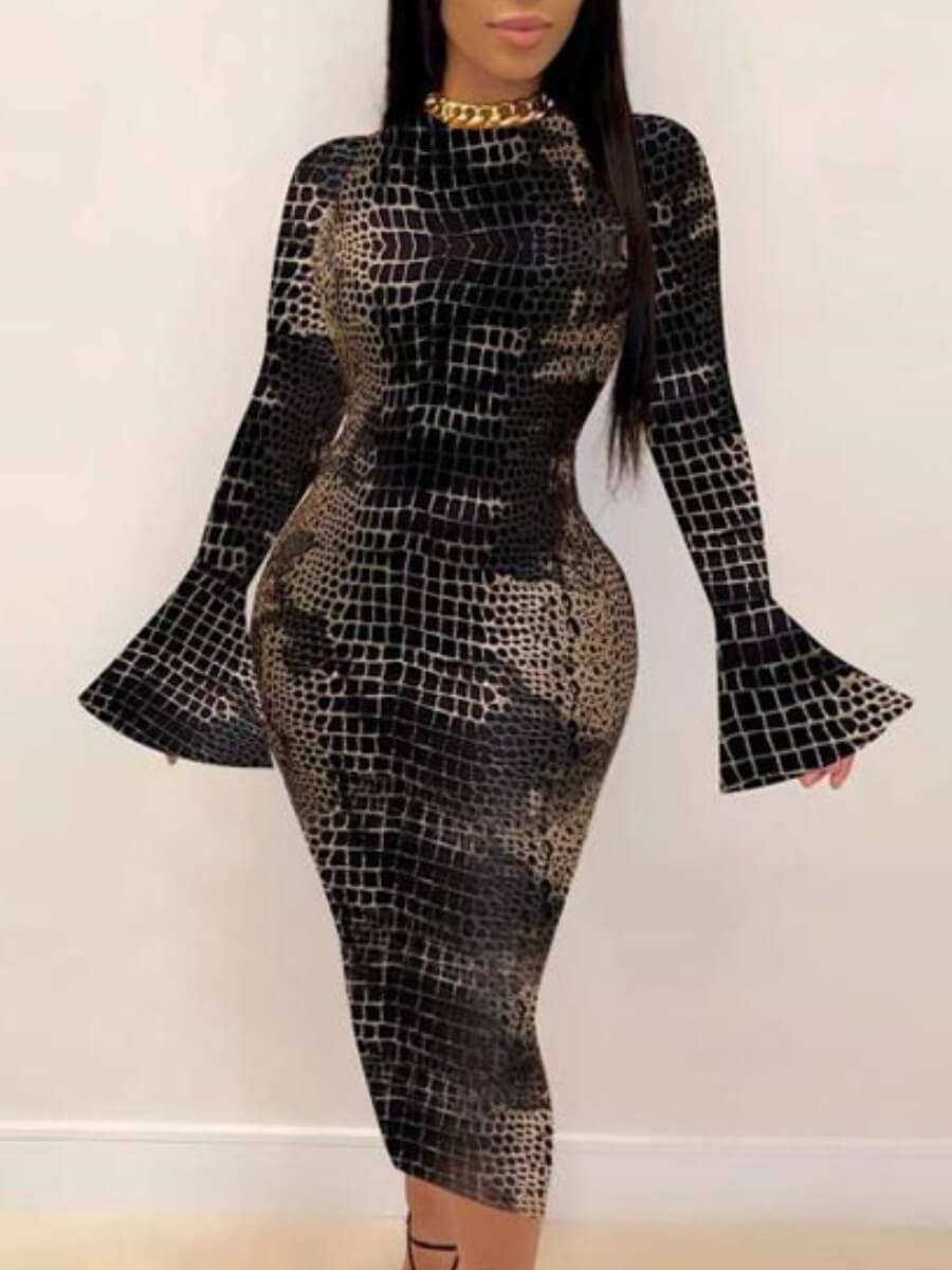 

Lovely Trendy O Neck Print Black Mid Calf Dress