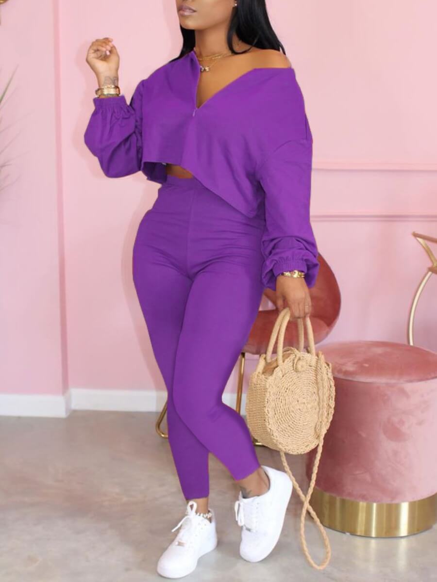 LW V Neck Zipper Design Basic Pants Set