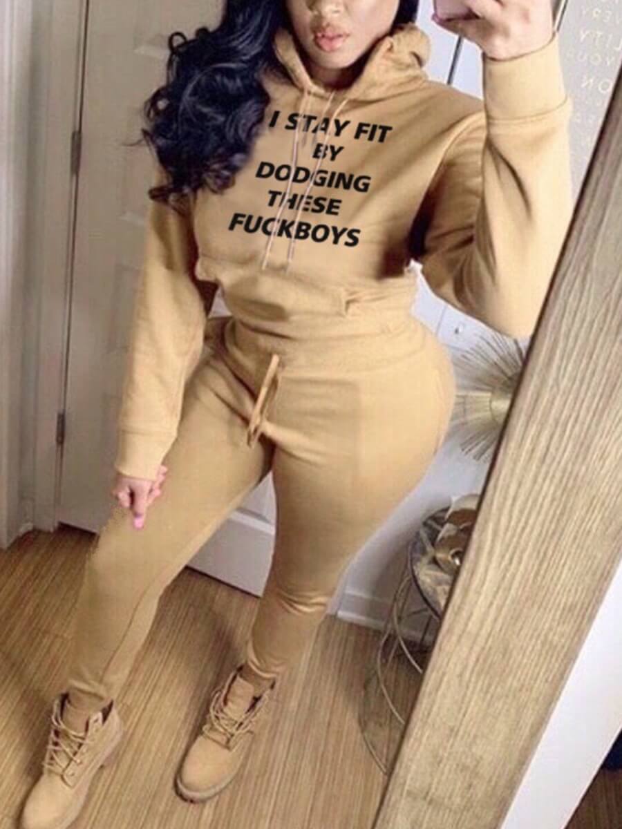 

Lovely Casual O Neck Long Sleeve Khaki Two Piece Pants Set