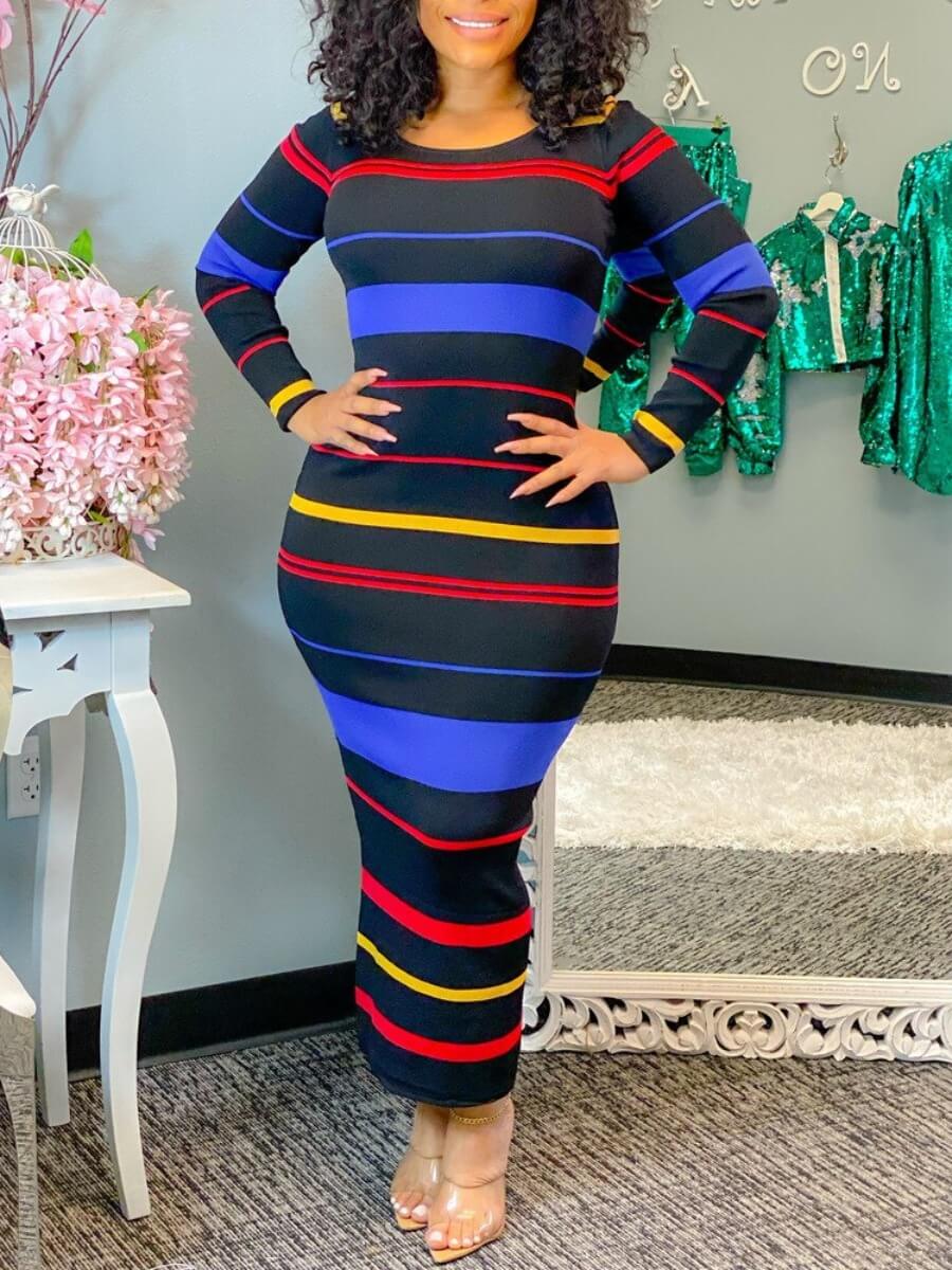 

Lovely Casual O Neck Rainbow Striped Black Ankle Length Dress