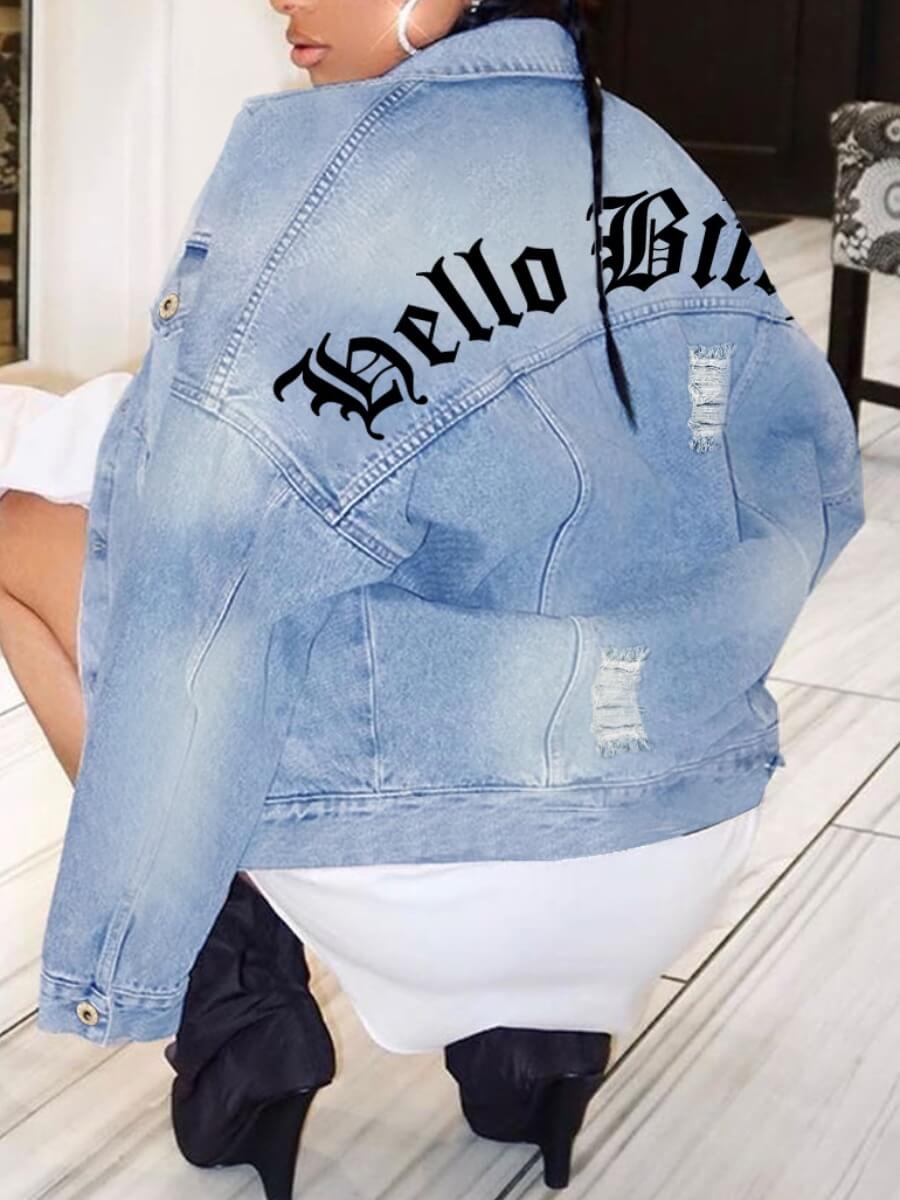 

Lovely Casual Turndown Collar Letter Print Blue Denim Jacket