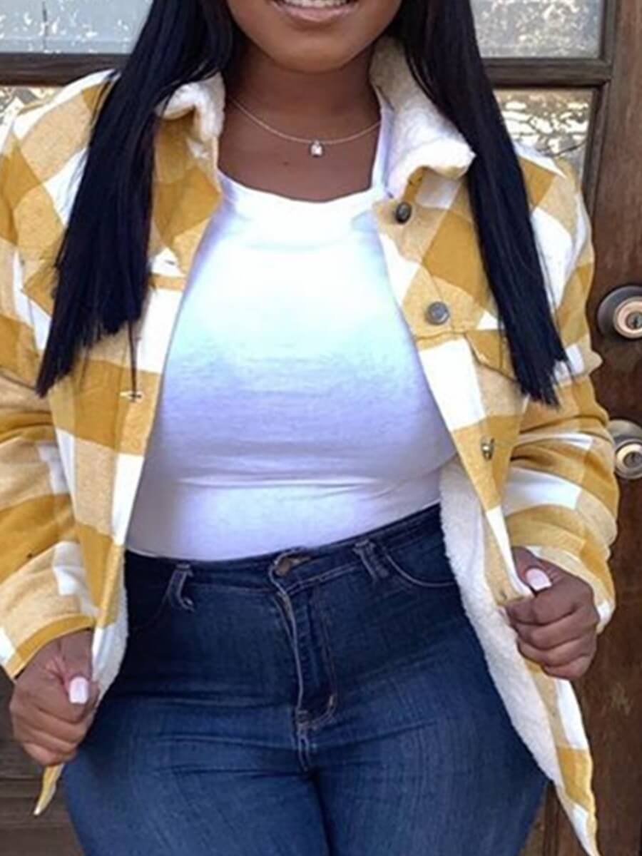 

Lovely Casual Turndown Collar Grid Print Yellow Parka
