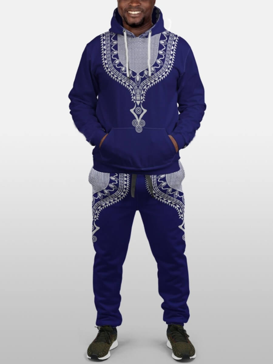 

Lovely Casual Hooded Collar Print Blue Men Two-piece Pants Set