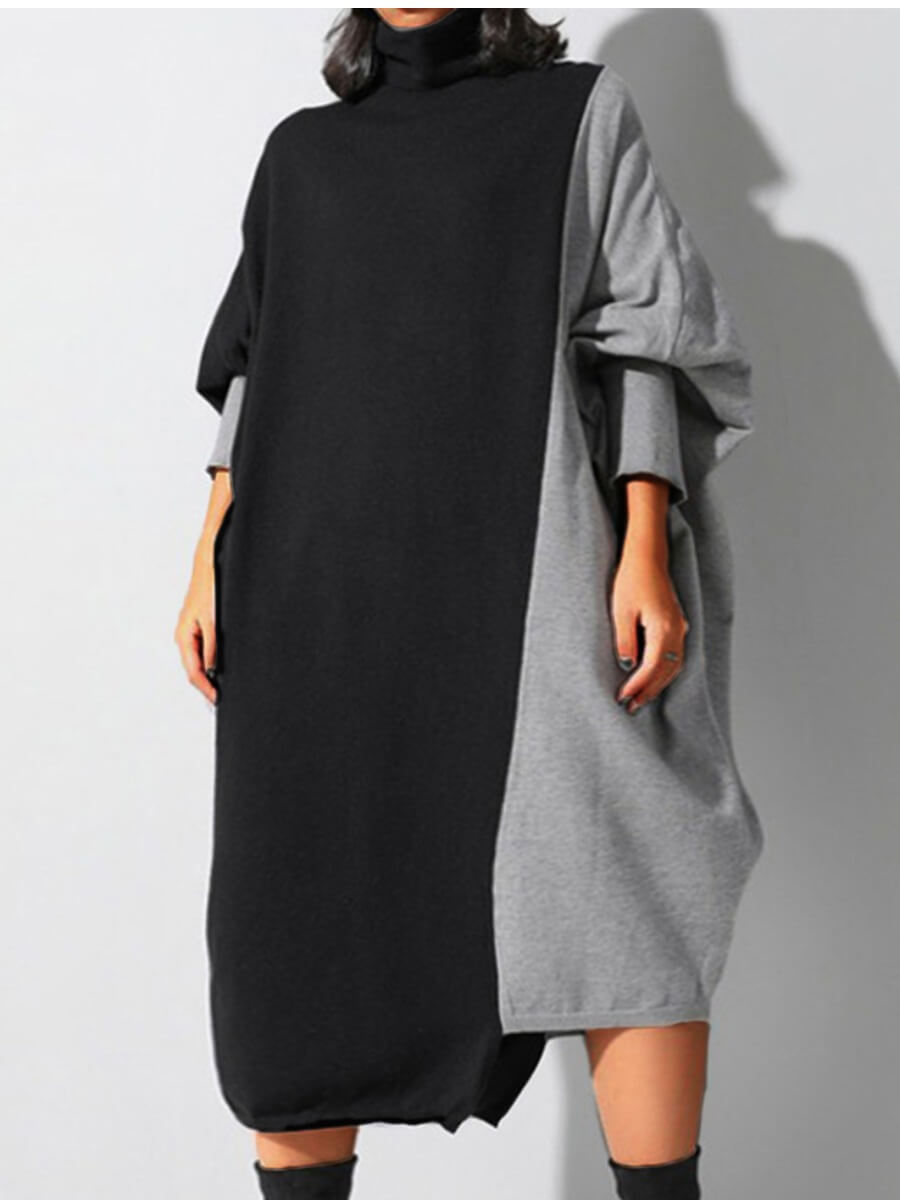 

Lovely Leisure Turtleneck Patchwork Loose Grey Knee Length Plus Size Dress