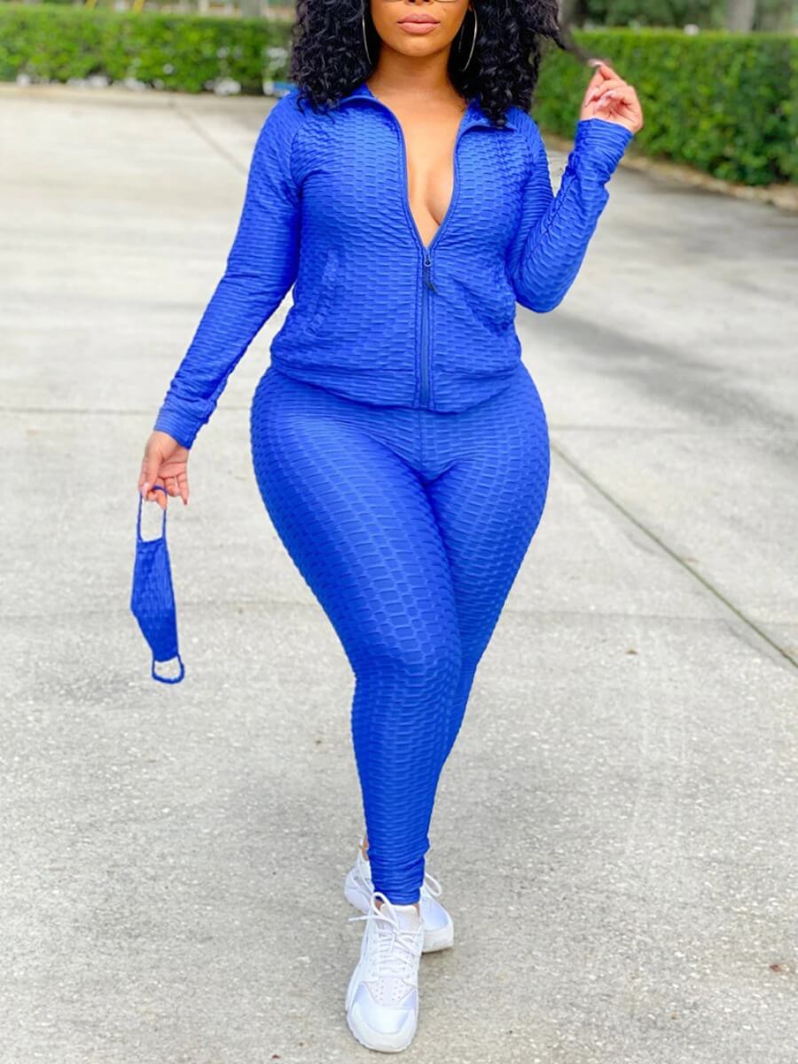 

LW Plus Size Casual Turndown Collar Zipper Design Blue Two-piece Pants Set