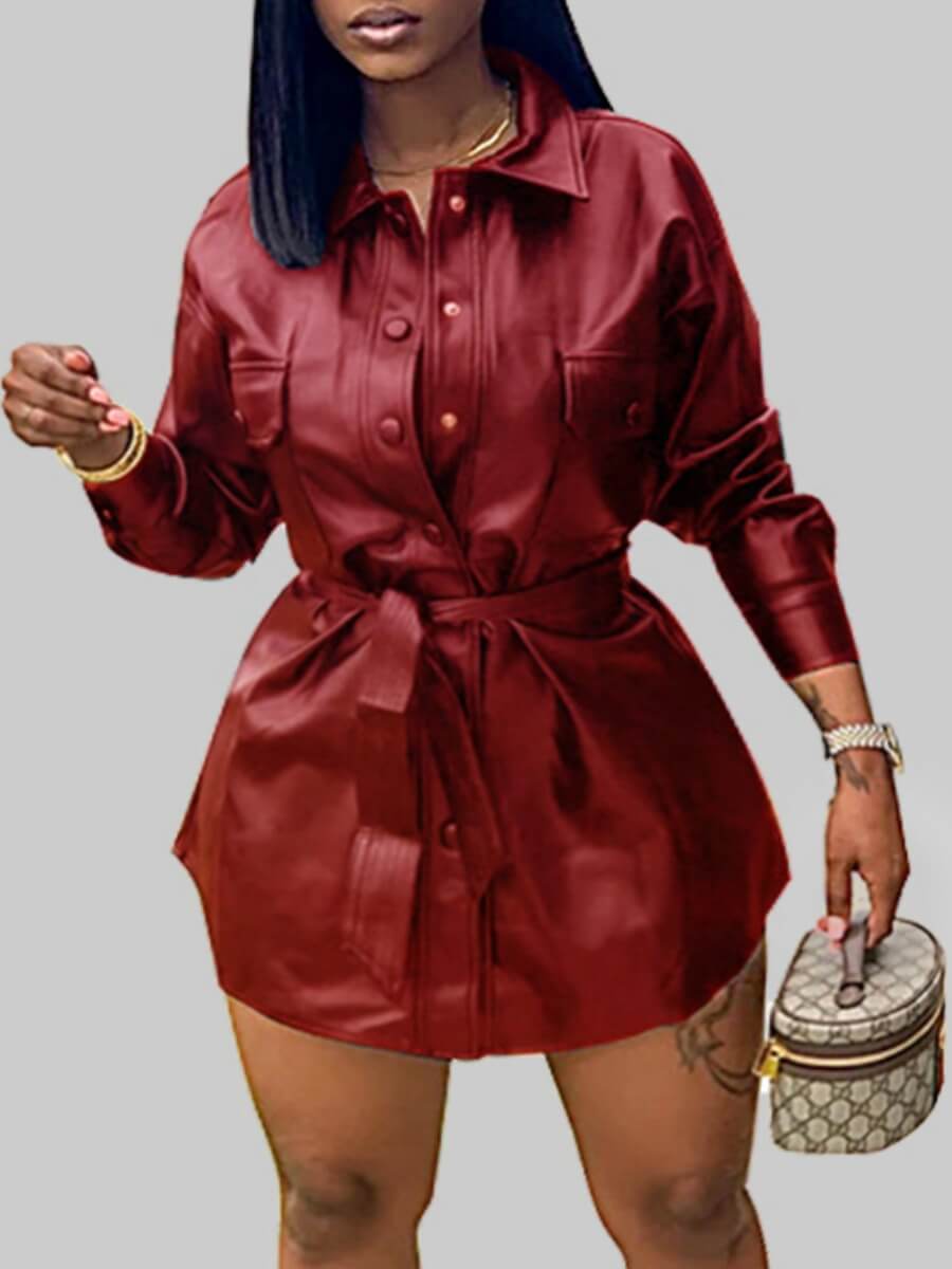 

Lovely Stylish Turndown Collar Pocket Patched Red Mini Plus Size Dress