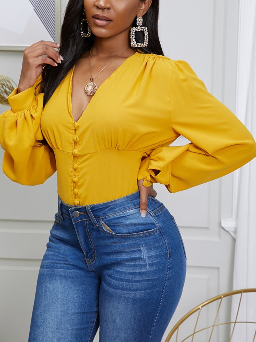 

Lovely Trendy V Neck Patchwork Yellow Blouse