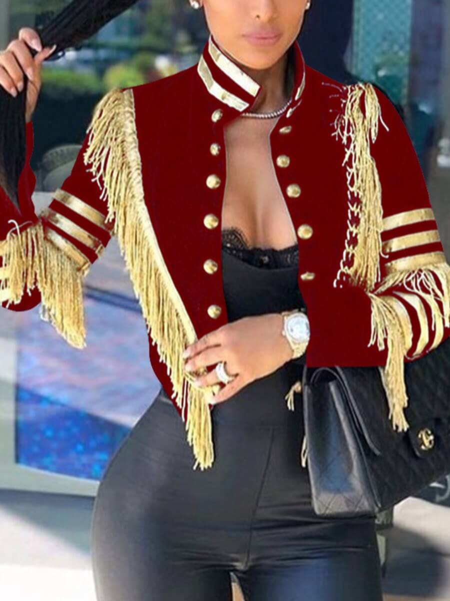 

Lovely Trendy Mandarin Collar Tassel Design Wine Red Coat