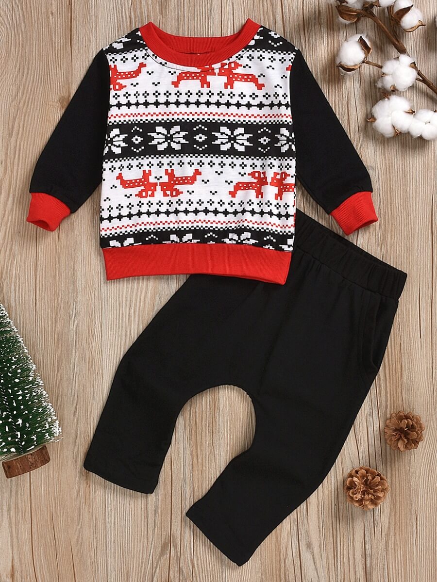

Lovely Trendy O Neck Print Black Boy Two-piece Pants Set