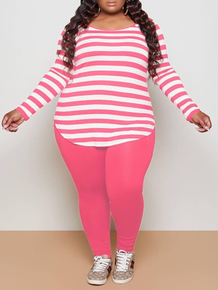 

Lovely Casual Boat Neck Long Sleeve Striped Pink Plus Size Two-piece Pants Set