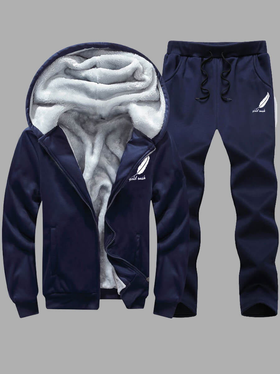 

LW Men Hooded Collar Print Zipper Design Pants Set, Deep blue