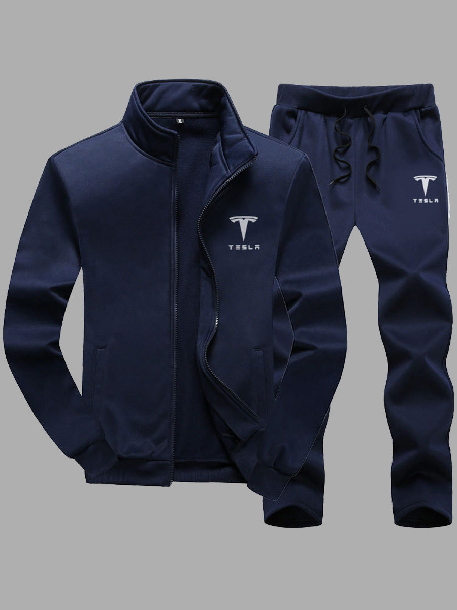 

lovely Stylish Mandarin Collar Print Zipper Design Deep Blue Men Two-piece Pants Set