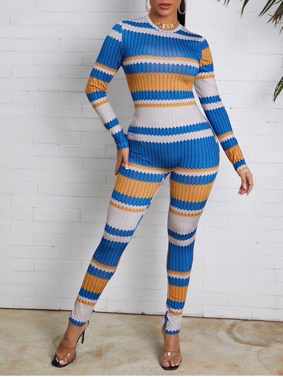 

Lovely Stylish O Neck Long Sleeve Striped Blue One-piece Jumpsuit