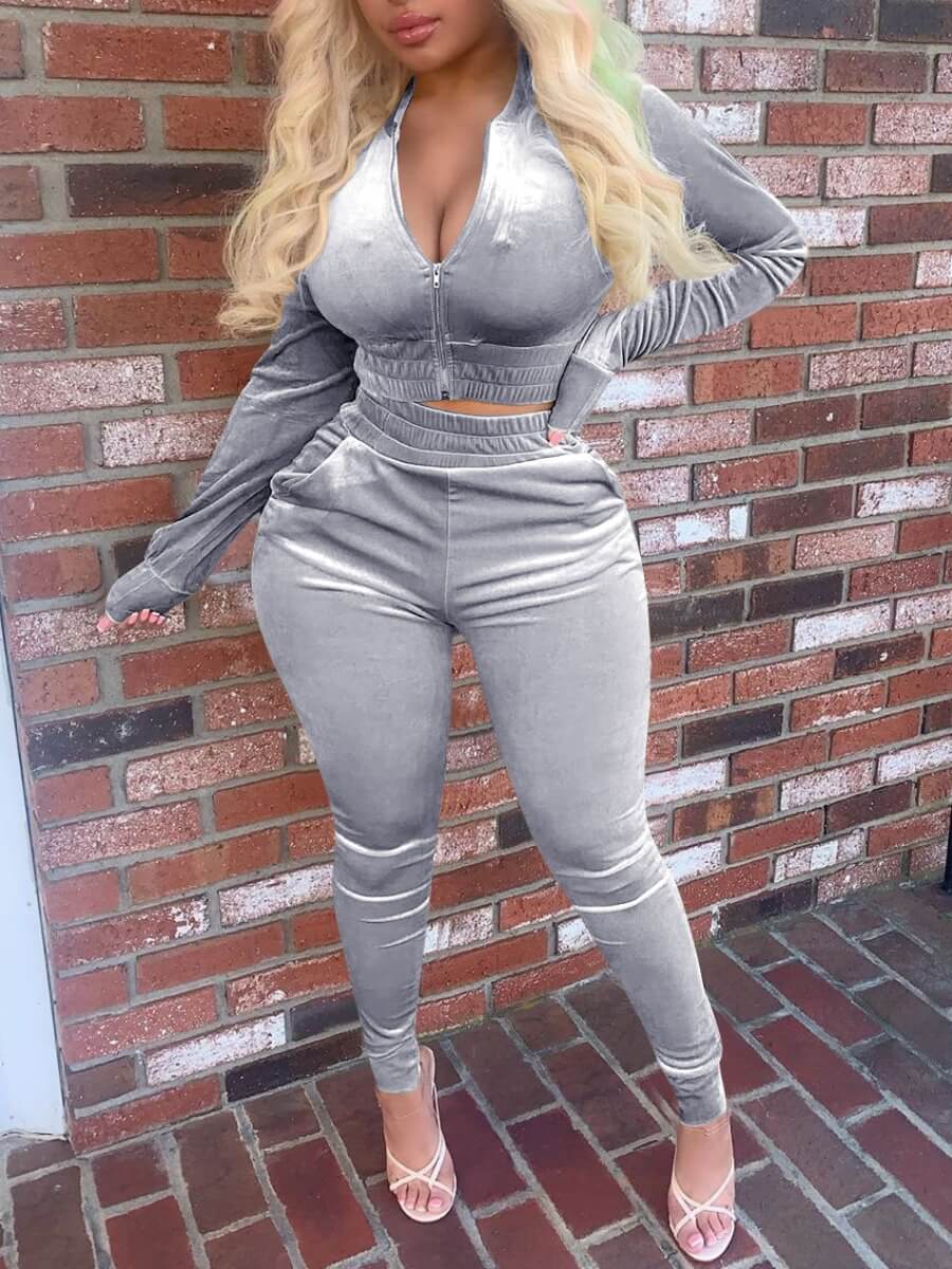 

Lovely Trendy Zipper Design Skinny Silver Two Piece Pants Set