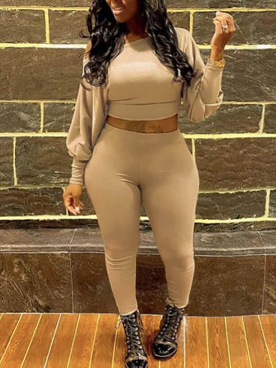 

Lovely Casual Boat Neck Long Sleeve Khaki Two Piece Pants Set