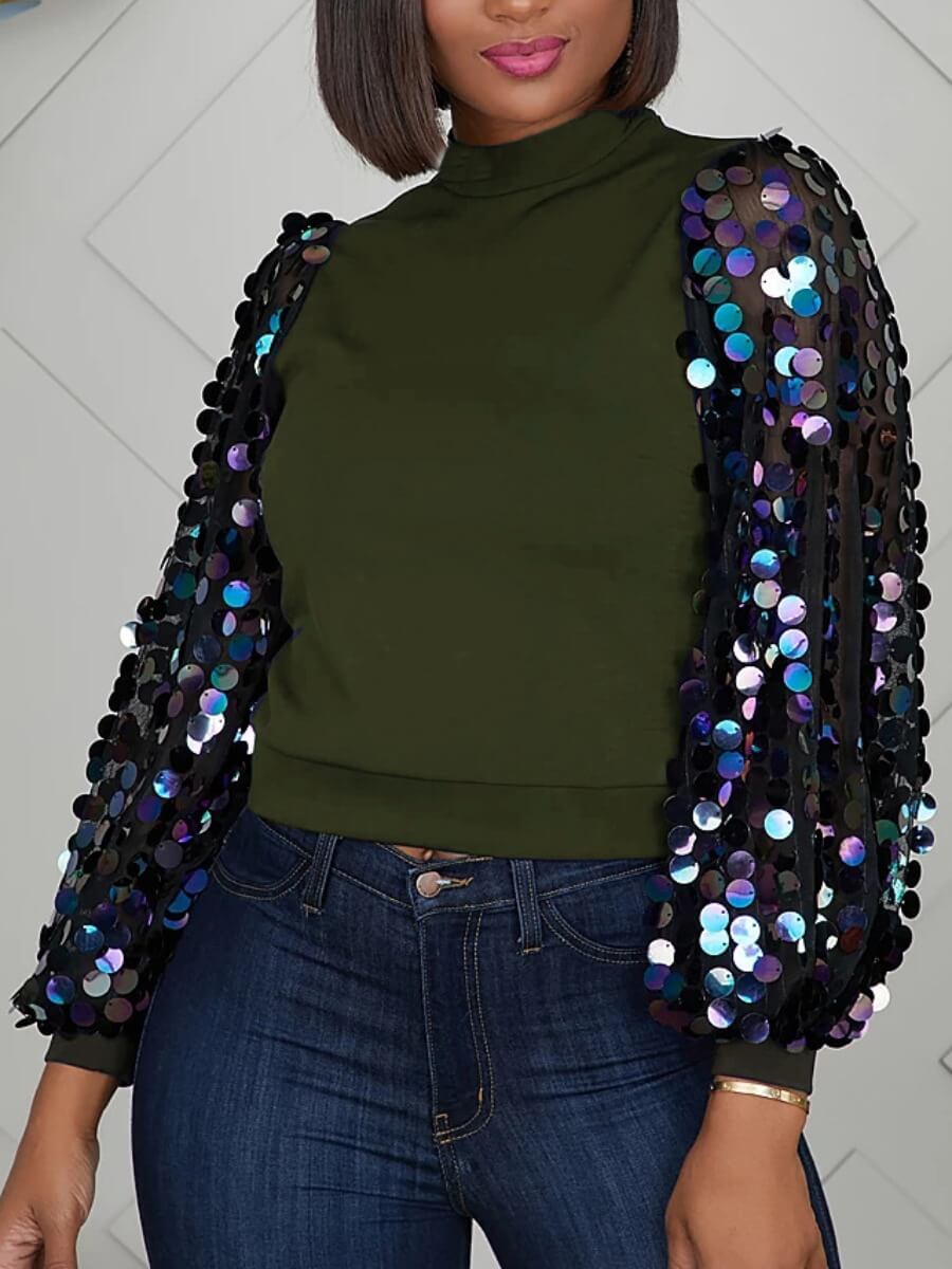 

Lovely Stylish Puffed Sleeves Patchwork Army Green Blouse