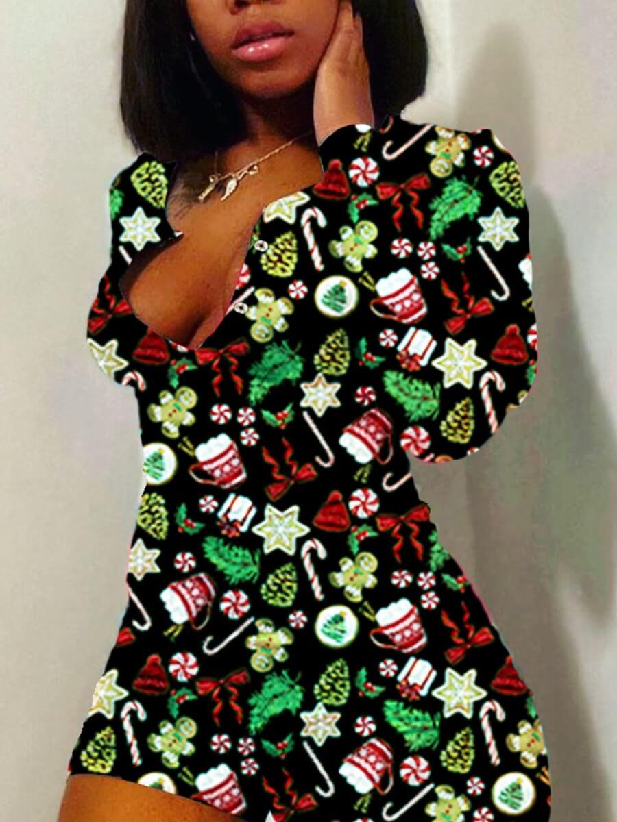 

LW BASICS V Neck Christmas Day Print Black Romper