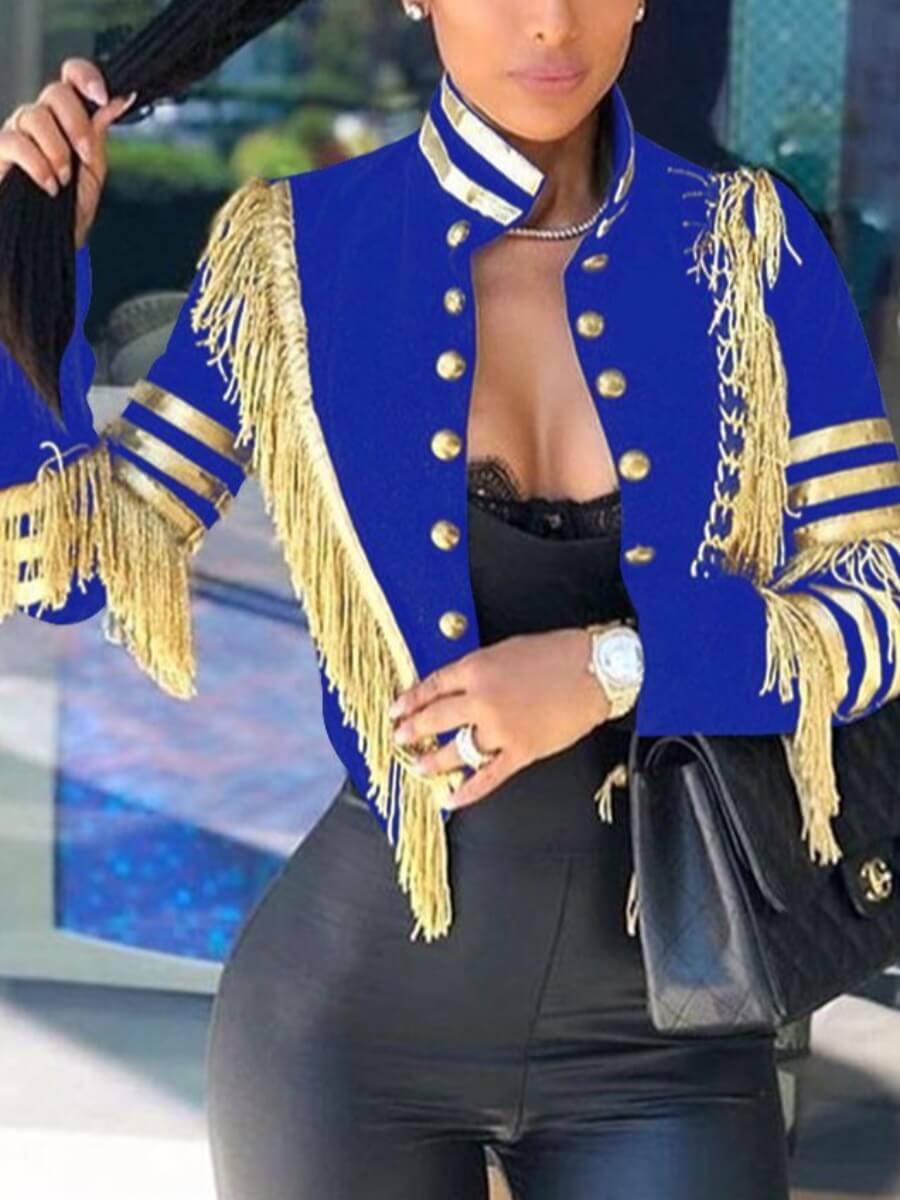 

Lovely Trendy Mandarin Collar Tassel Design Blue Coat