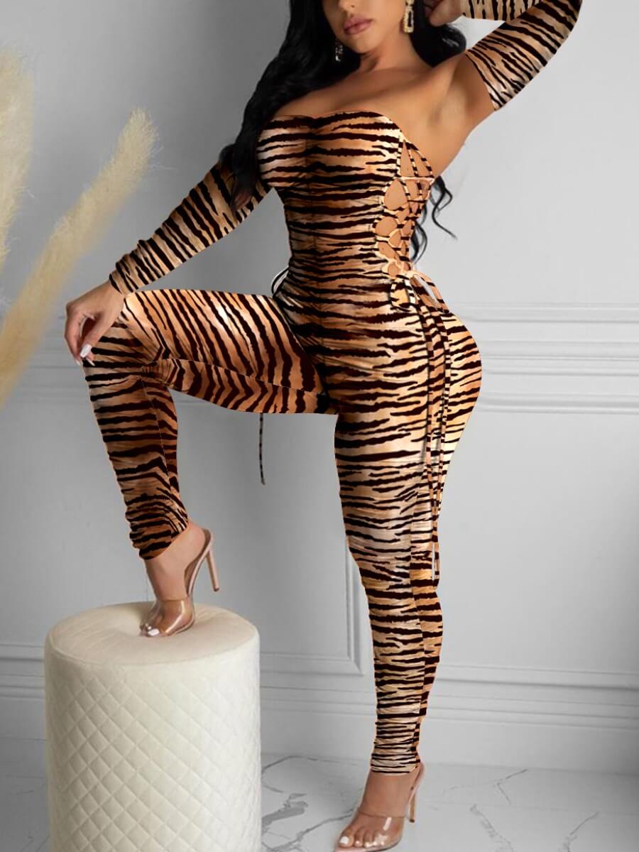 

Lovely Sexy Bateau Neck Cross Strap Zebra Striped One-piece Jumpsuit, Zebra stripe