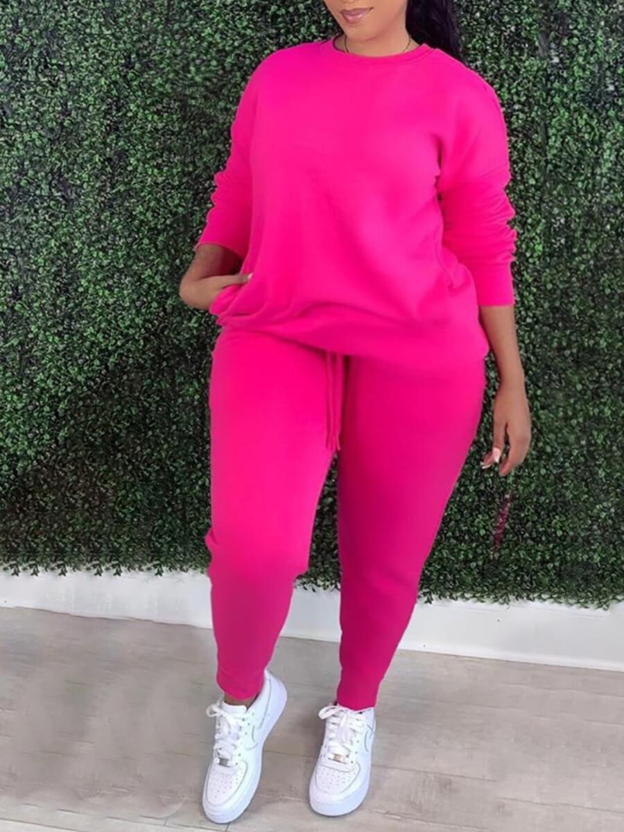 

Lovely Casual O Neck Long Sleeve Rose Red Plus Size Two-piece Pants Set