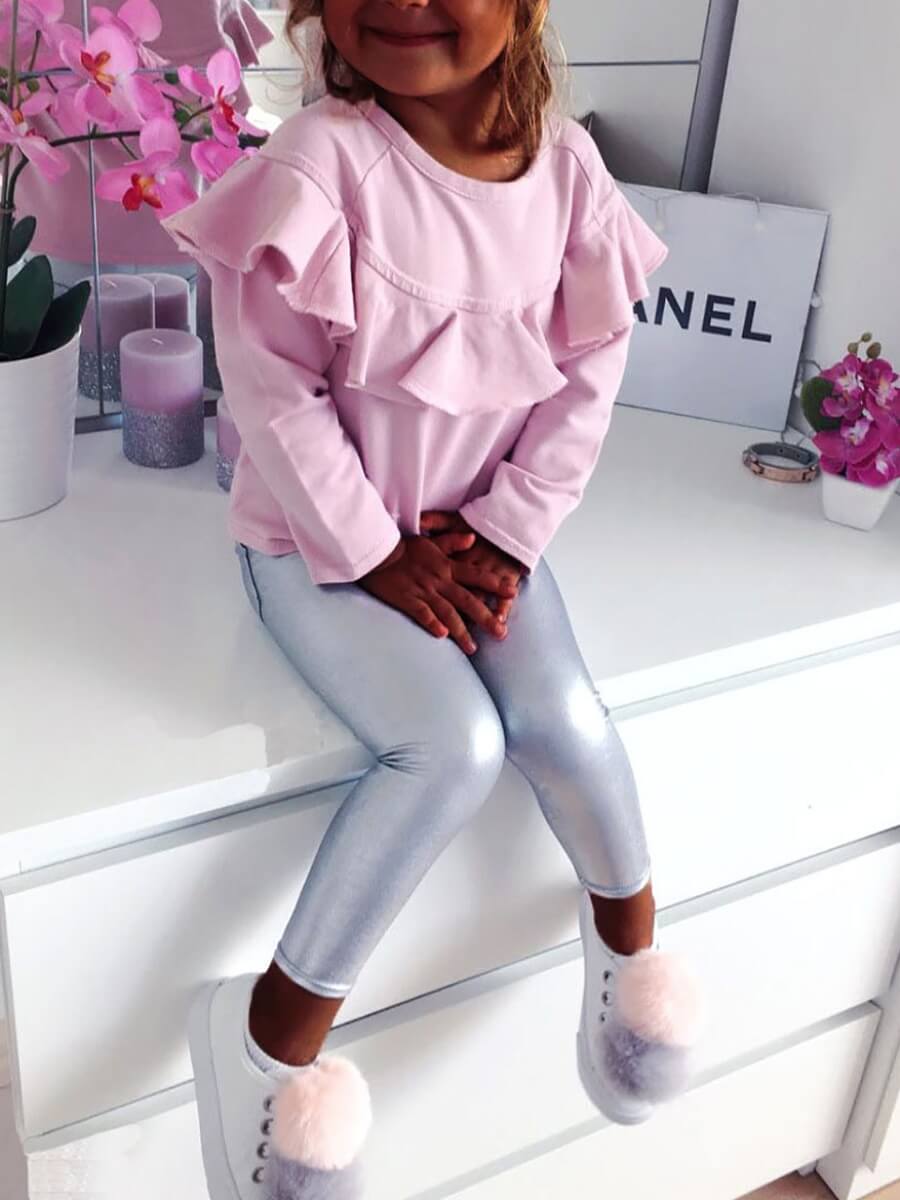 

Lovely Casual O Neck Flounce Design Pink Girl Two-piece Pants Set