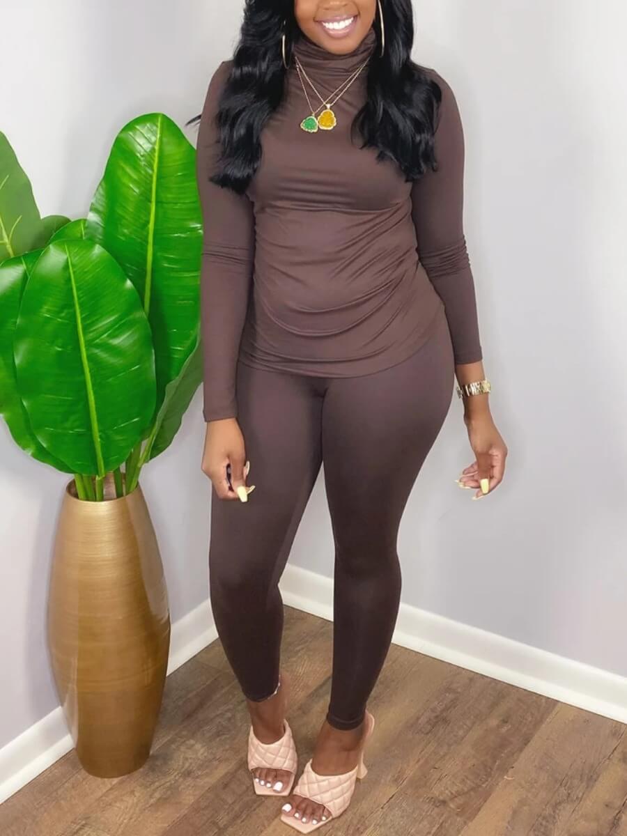 

Lovely Casual Turtleneck Long Sleeve Coffee Two Piece Pants Set(Without Necklace)