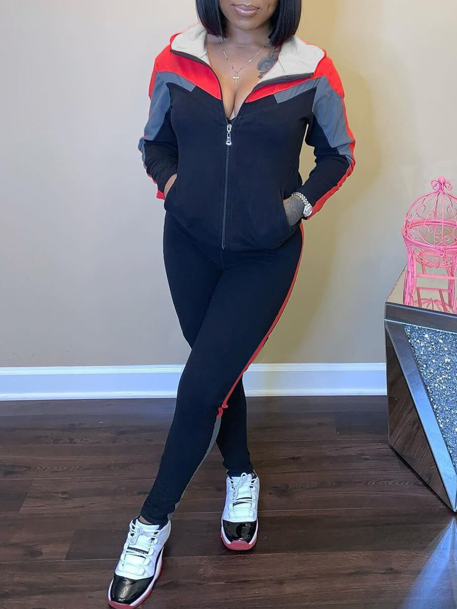 

Lovely Sportswear Hooded Collar Patchwork Black Two Piece Pants Set