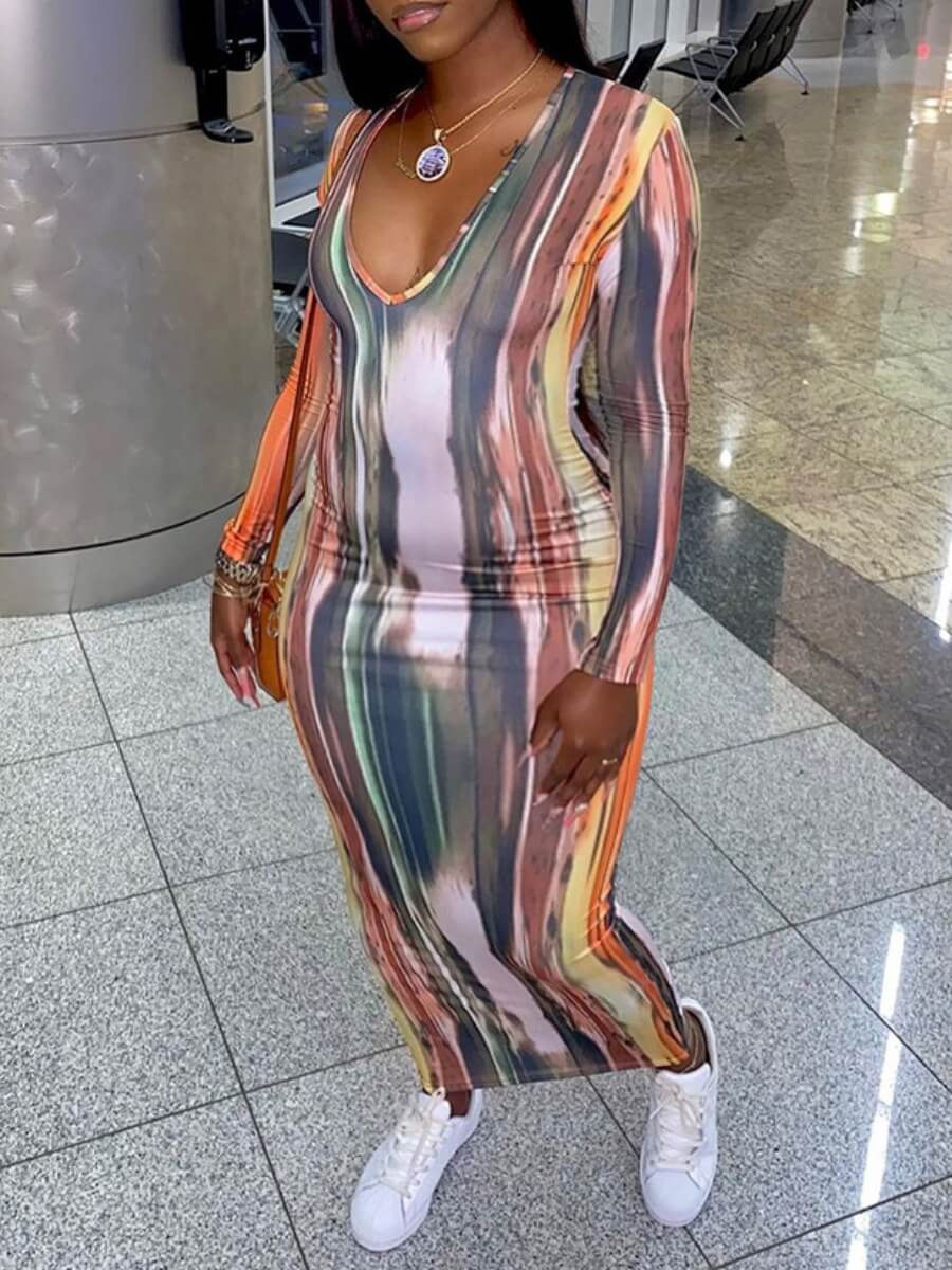 

Lovely Casual V Neck Tie Dye Orange Ankle Length Dress