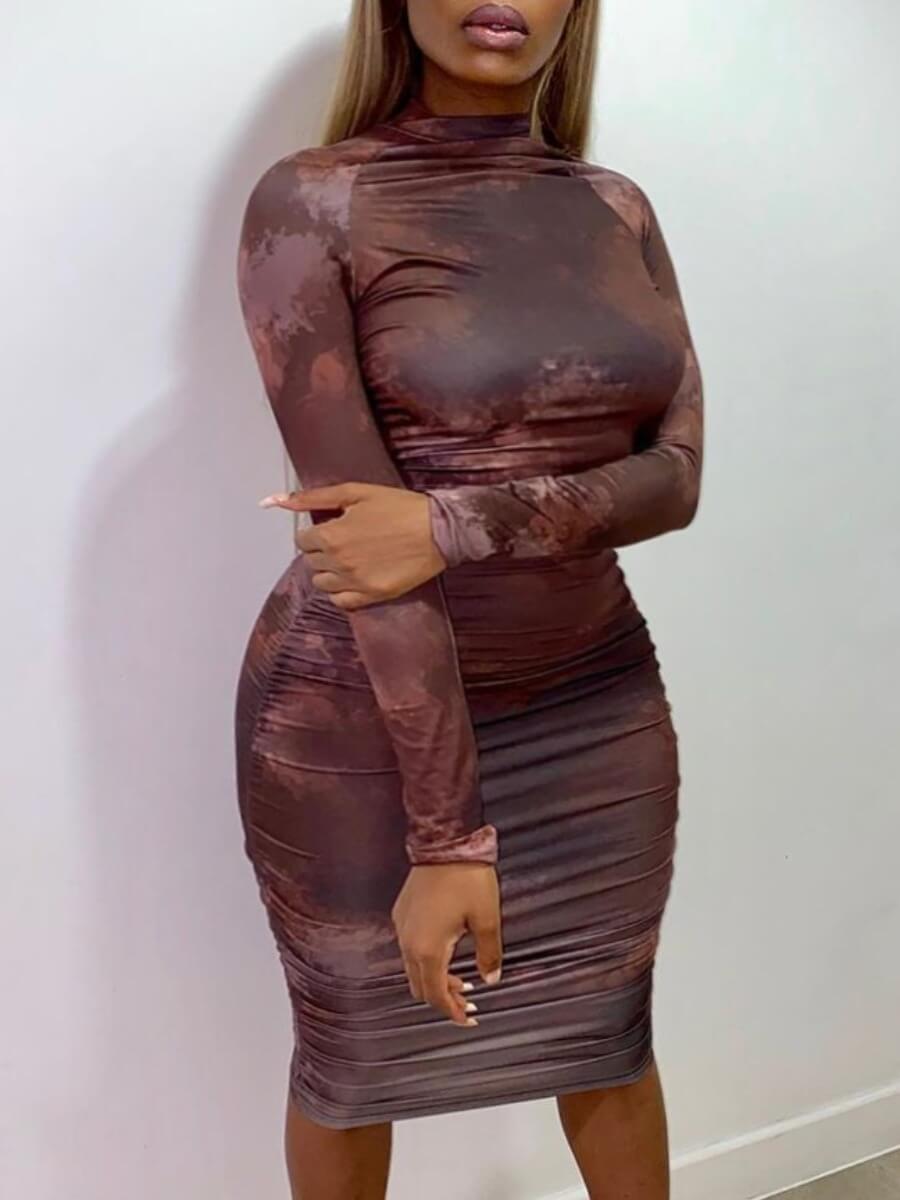 

Lovely Casual Half A Turtleneck Print Brown Knee Length Dress