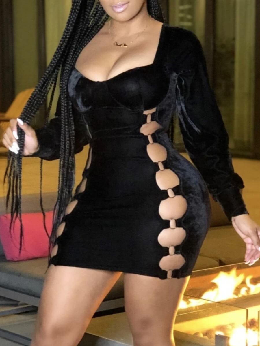 

Lovely Sexy Square Collar Hollow-out Black Mini Dress