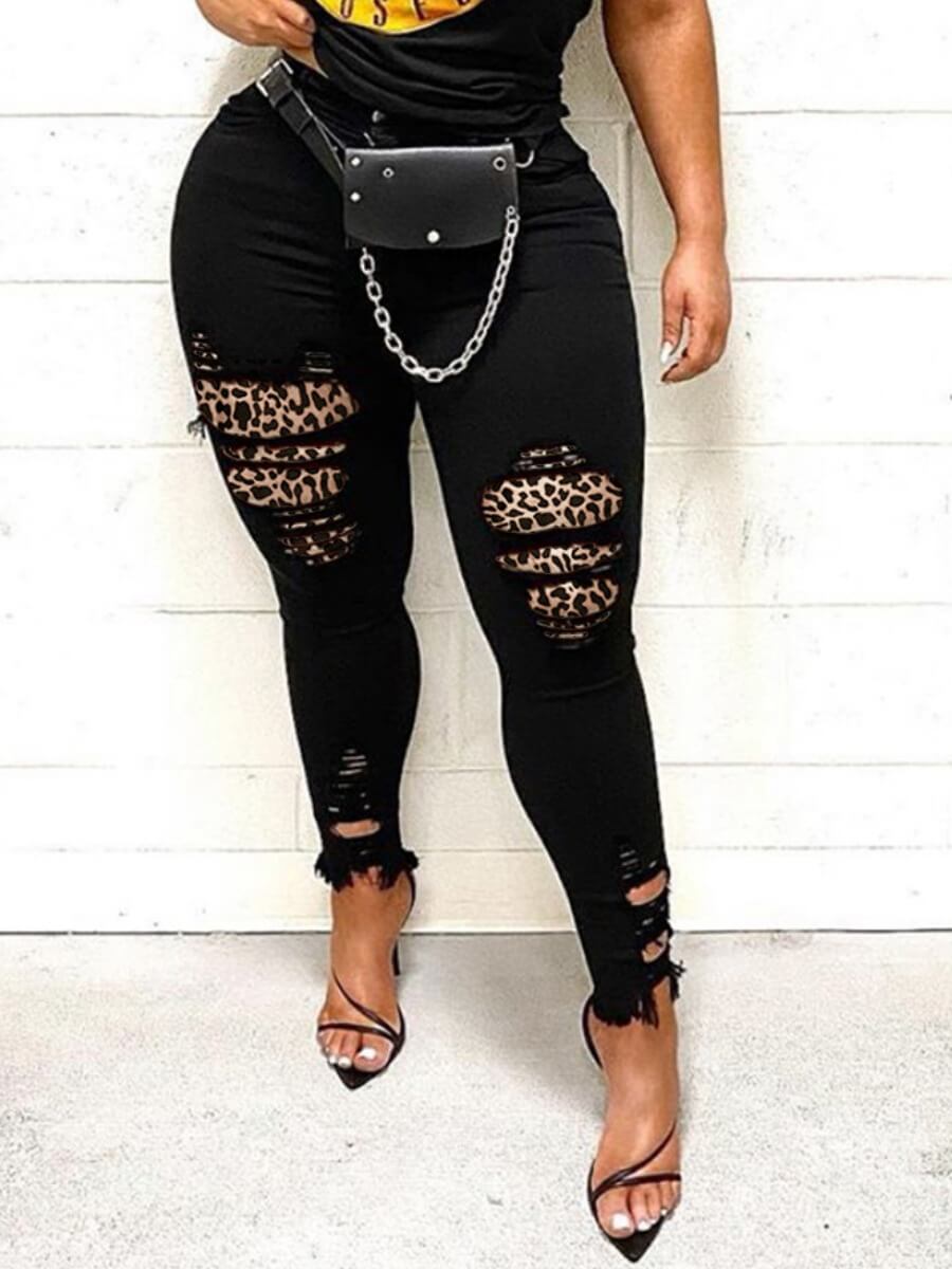 

Lovely Street Leopard Print Broken Holes Black Jeans