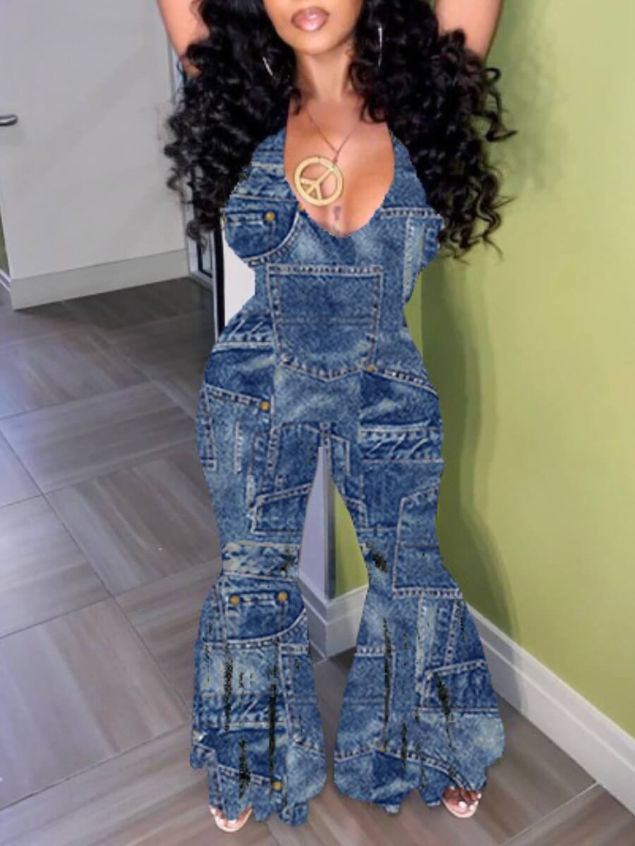 

Lovely Trendy Deep V Neck Print Blue One-piece Jumpsuit
