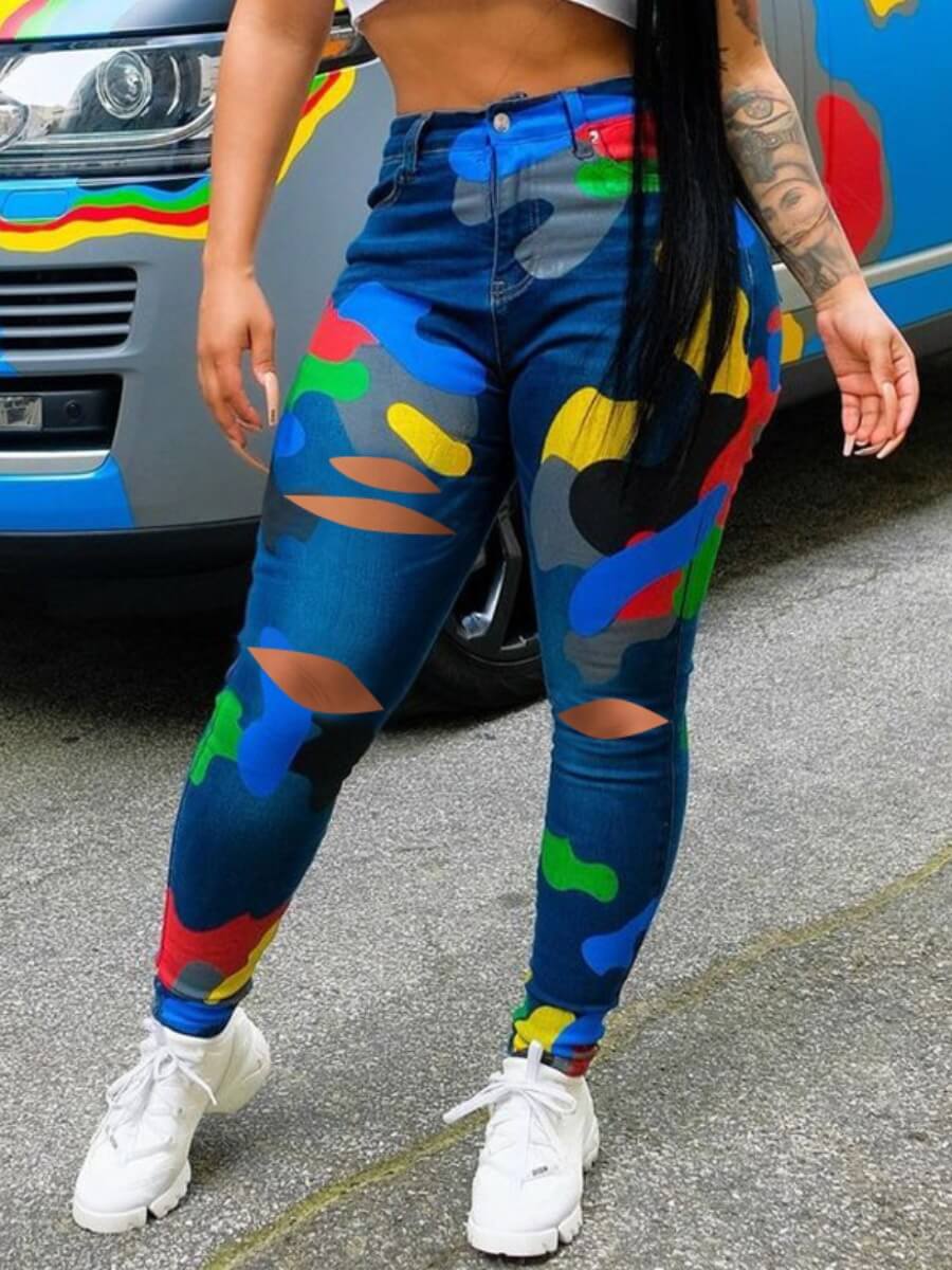 

Lovely Trendy Camo Print Hollow-out Blue Pants