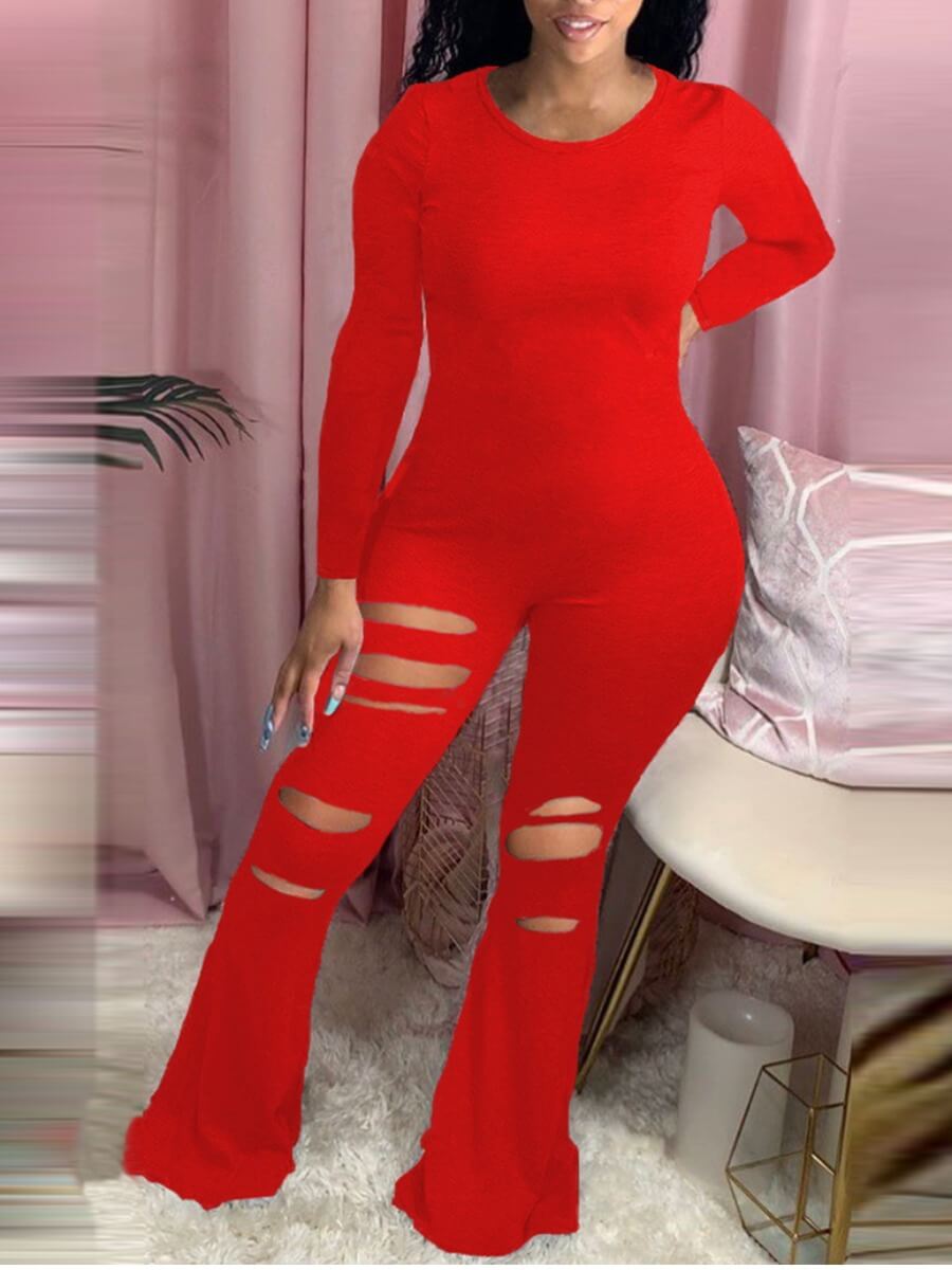 

Lovely Trendy O Neck Hollow-out Skinny Red One-piece Jumpsuit