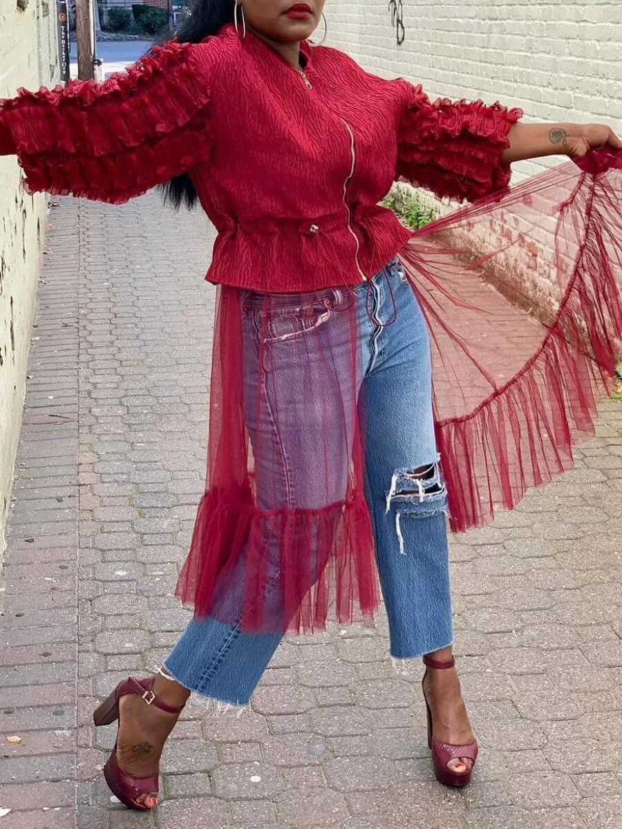 

Lovely Casual Patchwork Zipper Design Wine Red Coat