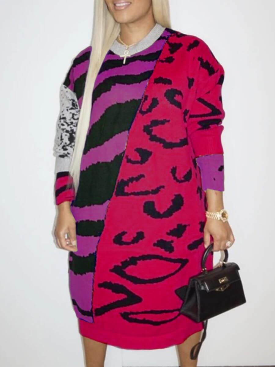 

Lovely Street O Neck Print Patchwork Purple Mid Calf Plus Size Dress