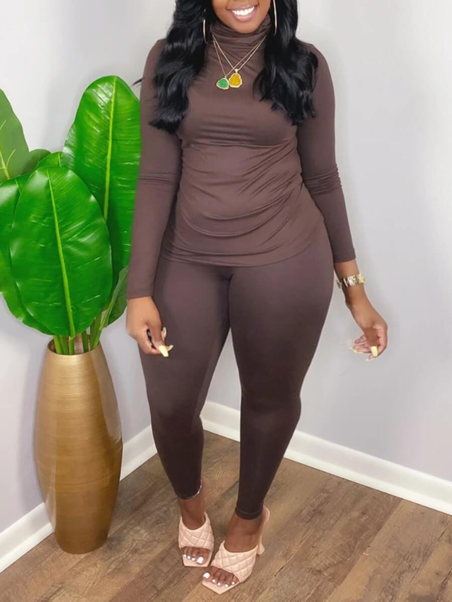 

Lovely Casual Turtleneck Basic Skinny Coffee Plus Size Two-piece Pants Set