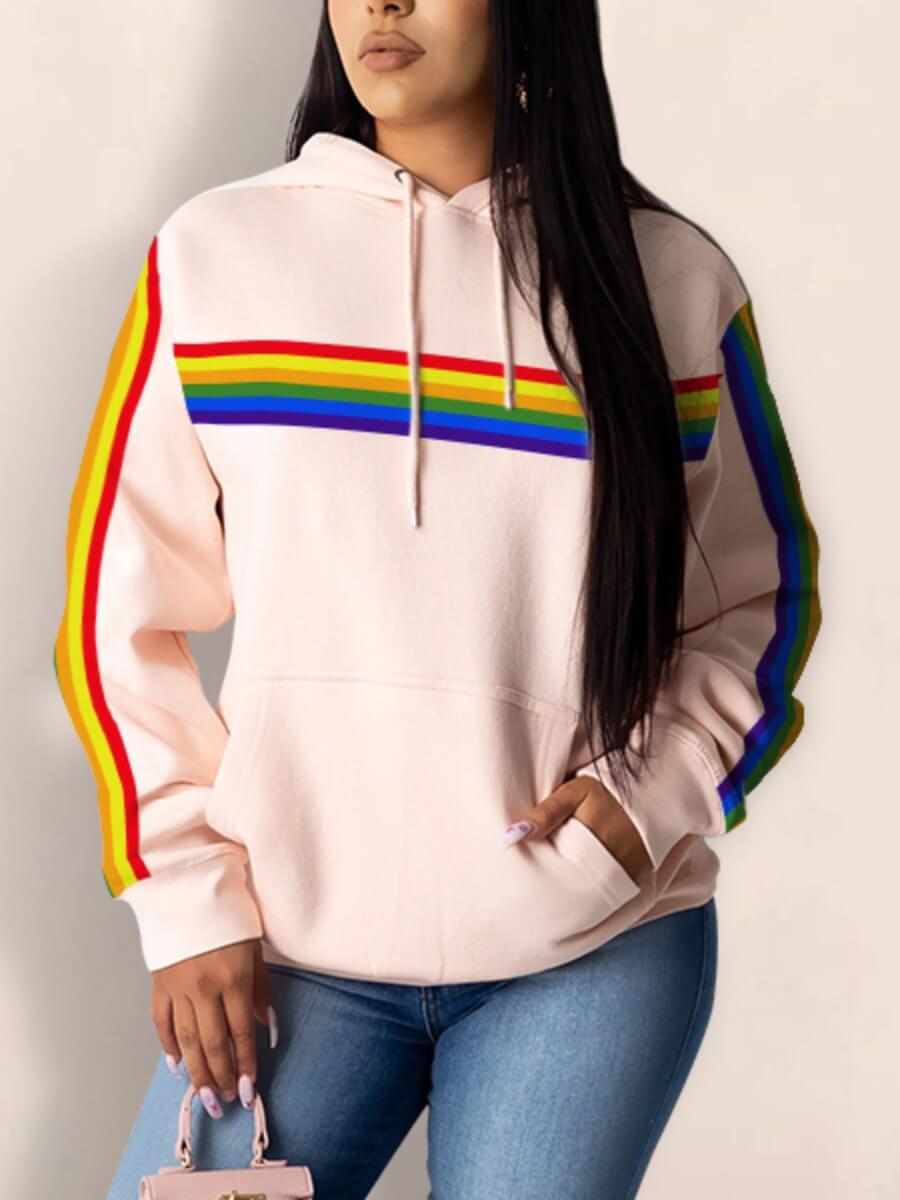 

Lovely Casual Hooded Collar Rainbow Striped Light Pink Hoodie