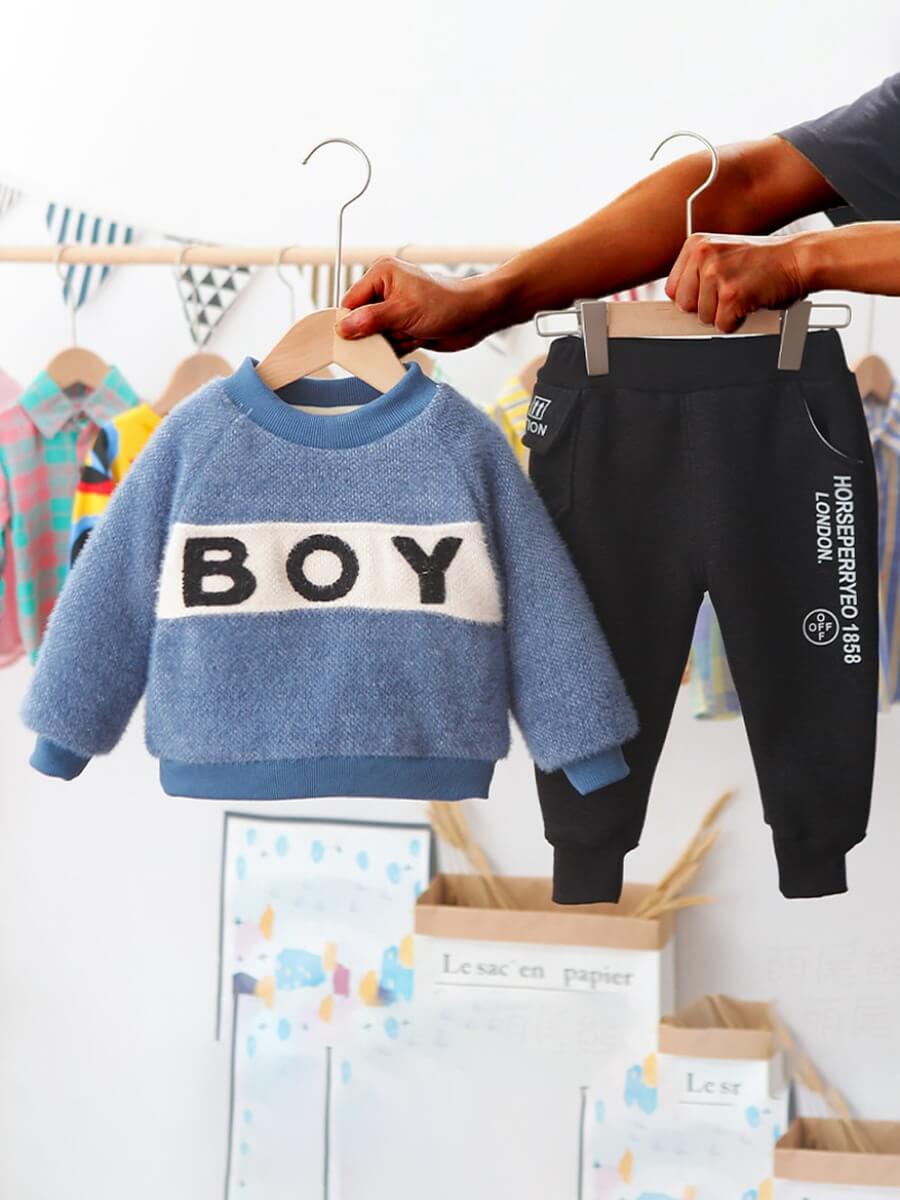 

Lovely Casual O Neck Letter Patchwork Blue Boy Two-piece Pants Set