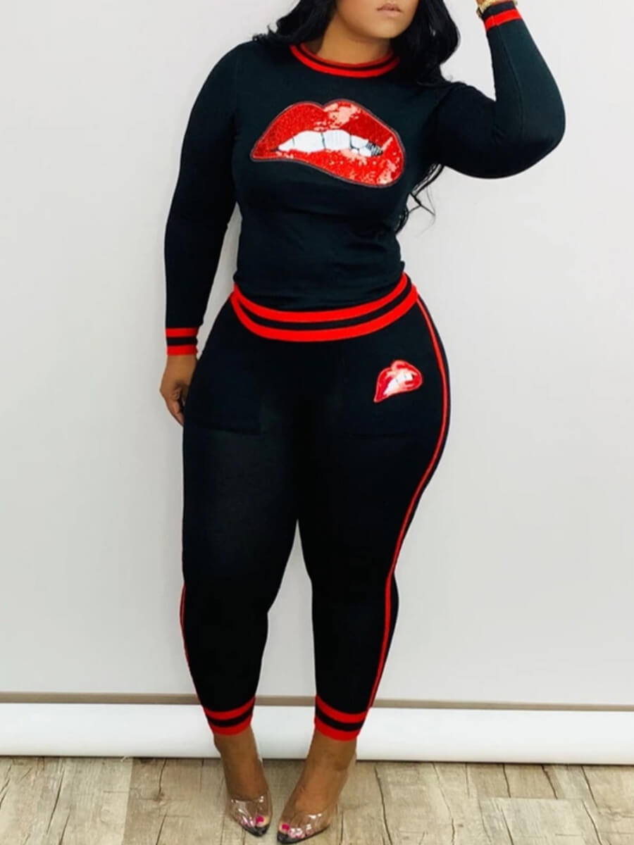 

Lovely Street O Neck Lip Print Black Two Piece Pants Set