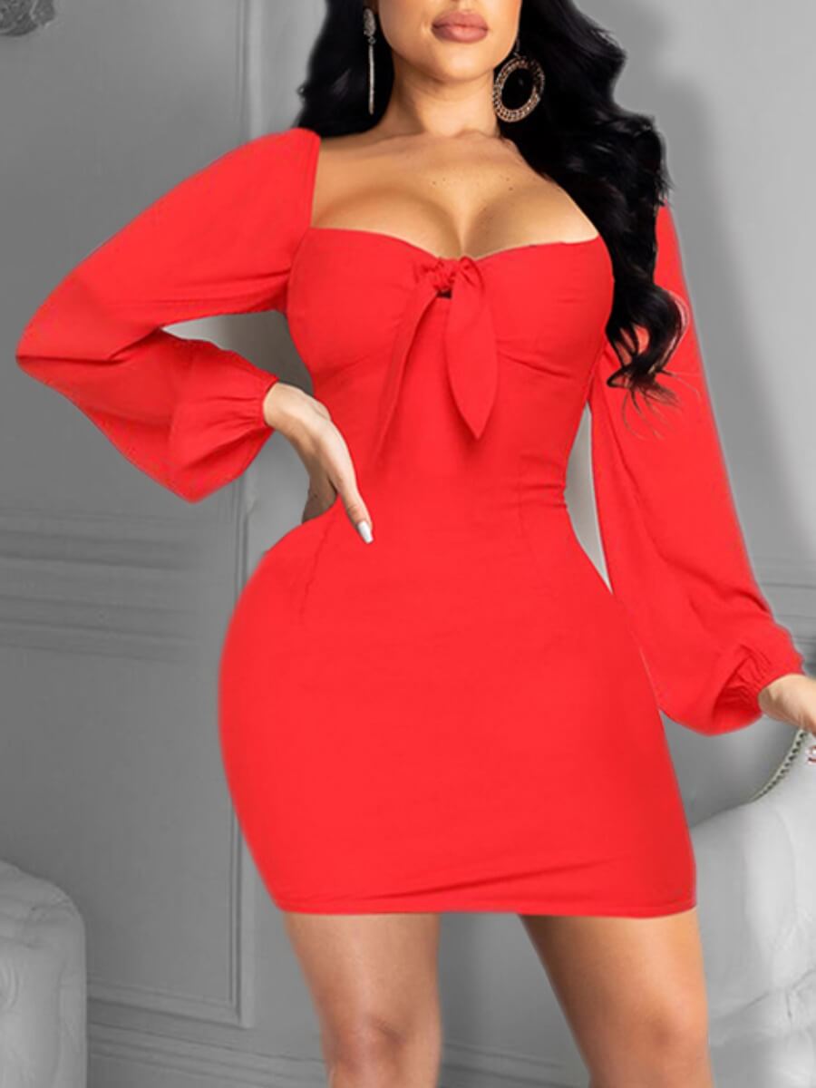

Lovely Sweet Square Collar Knot Design Red Mini Dress
