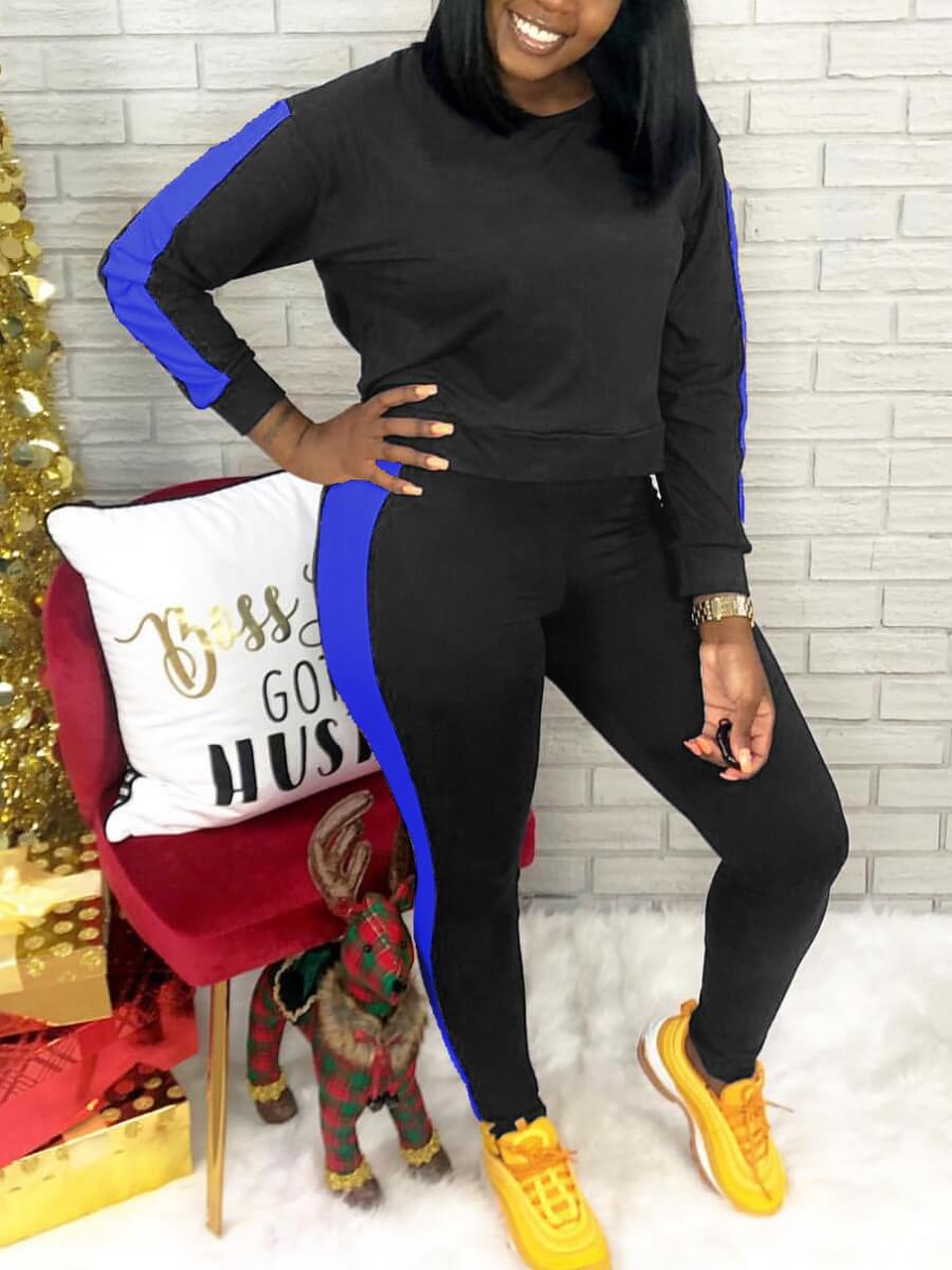 

Lovely Sportswear O Neck Patchwork Black Two Piece Pants Set