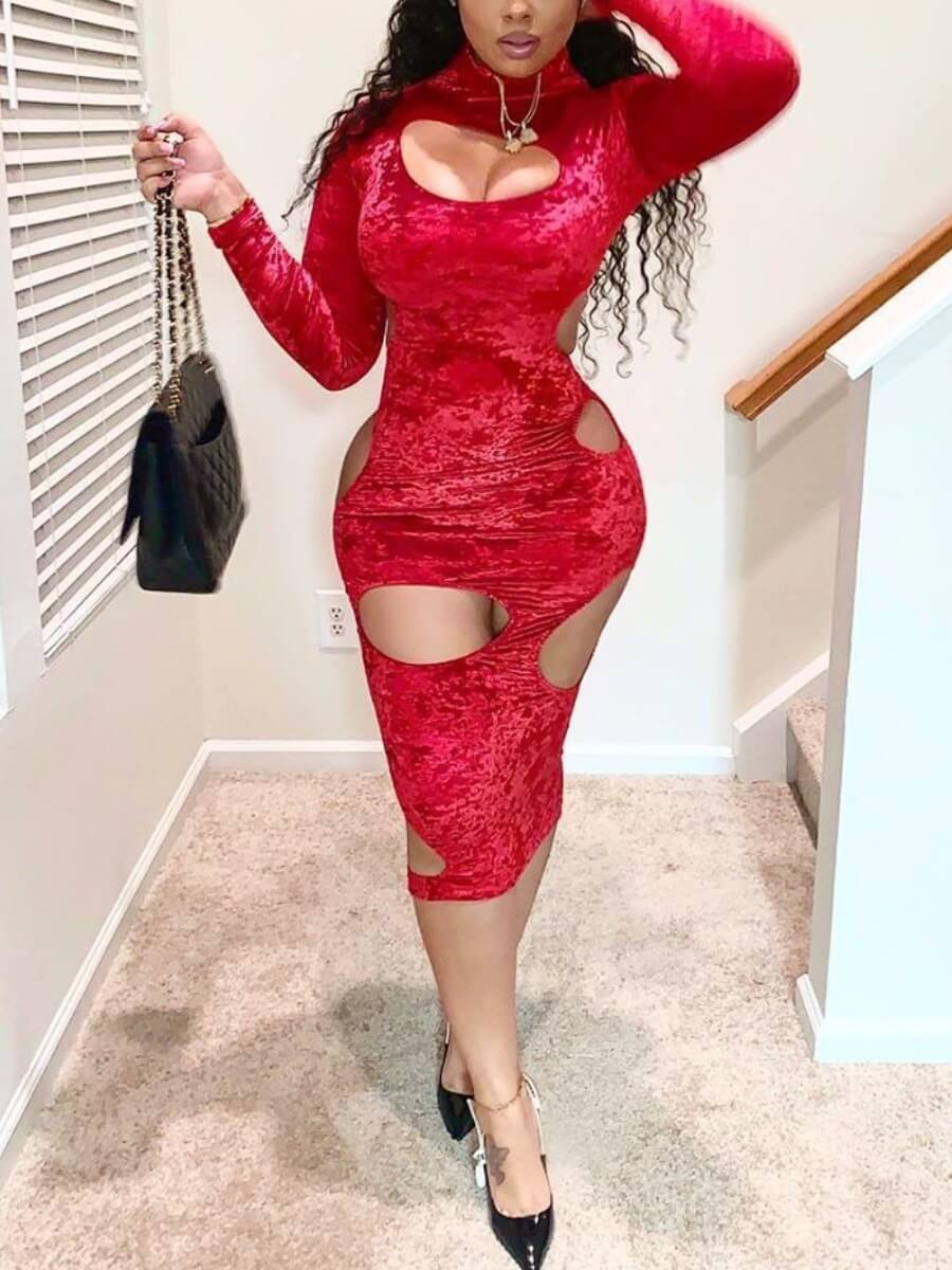 

Lovely Sexy Turtleneck Hollow-out Red Knee Length Dress