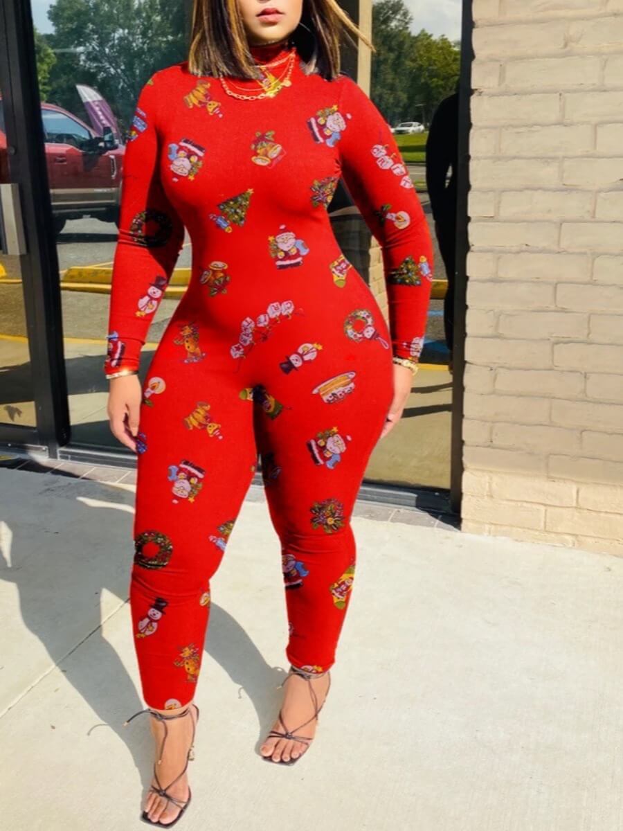 

Lovely Casual Turtleneck Print Basic Skinny Red One-piece Jumpsuit