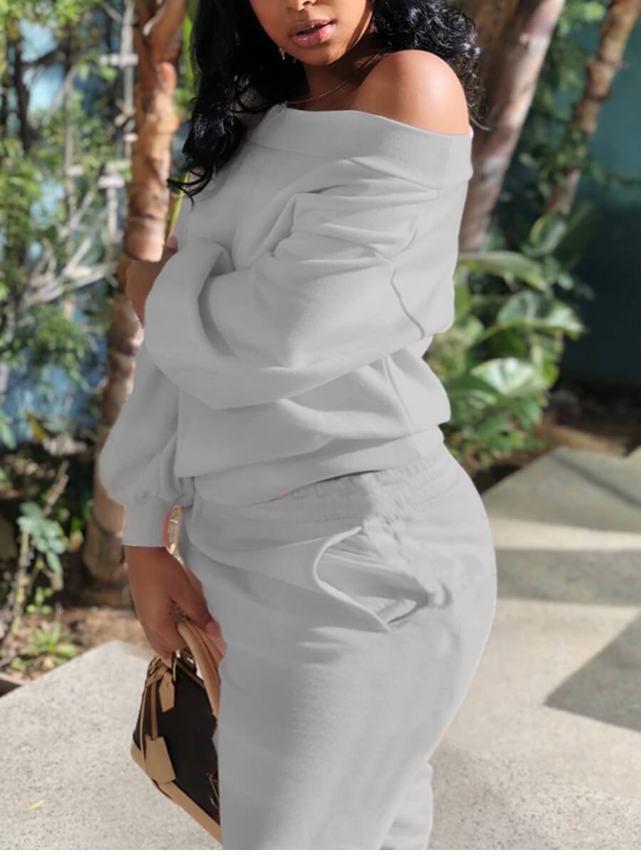 

Lovely Casual Bateau Neck Long Sleeve Loose Grey Plus Size Two-piece Pants Set