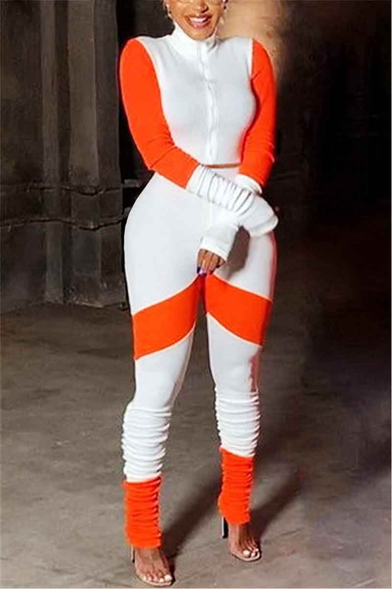 

Lovely Casual Color-lump Patchwork Orange Two Piece Pants Set