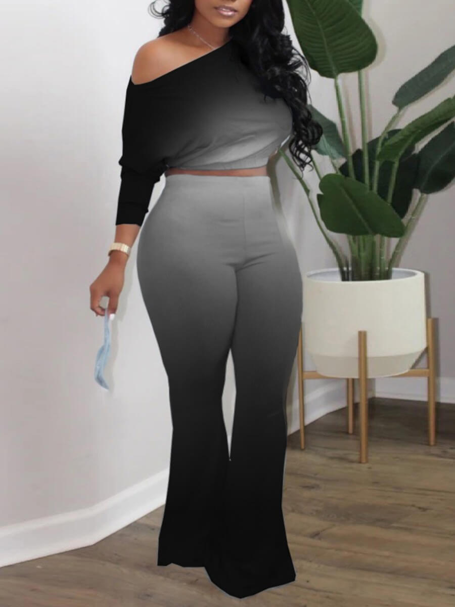 

LW Plus Size Casual Flare Gradient Black Two-piece Pants Set