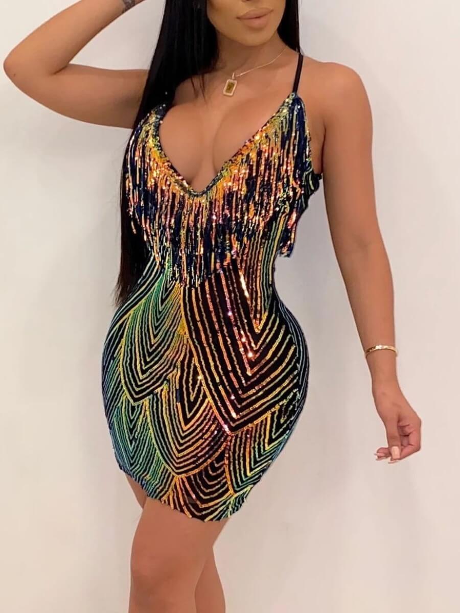 

Lovely Sexy Spaghetti Strap Tassel Design Black Mini Dress