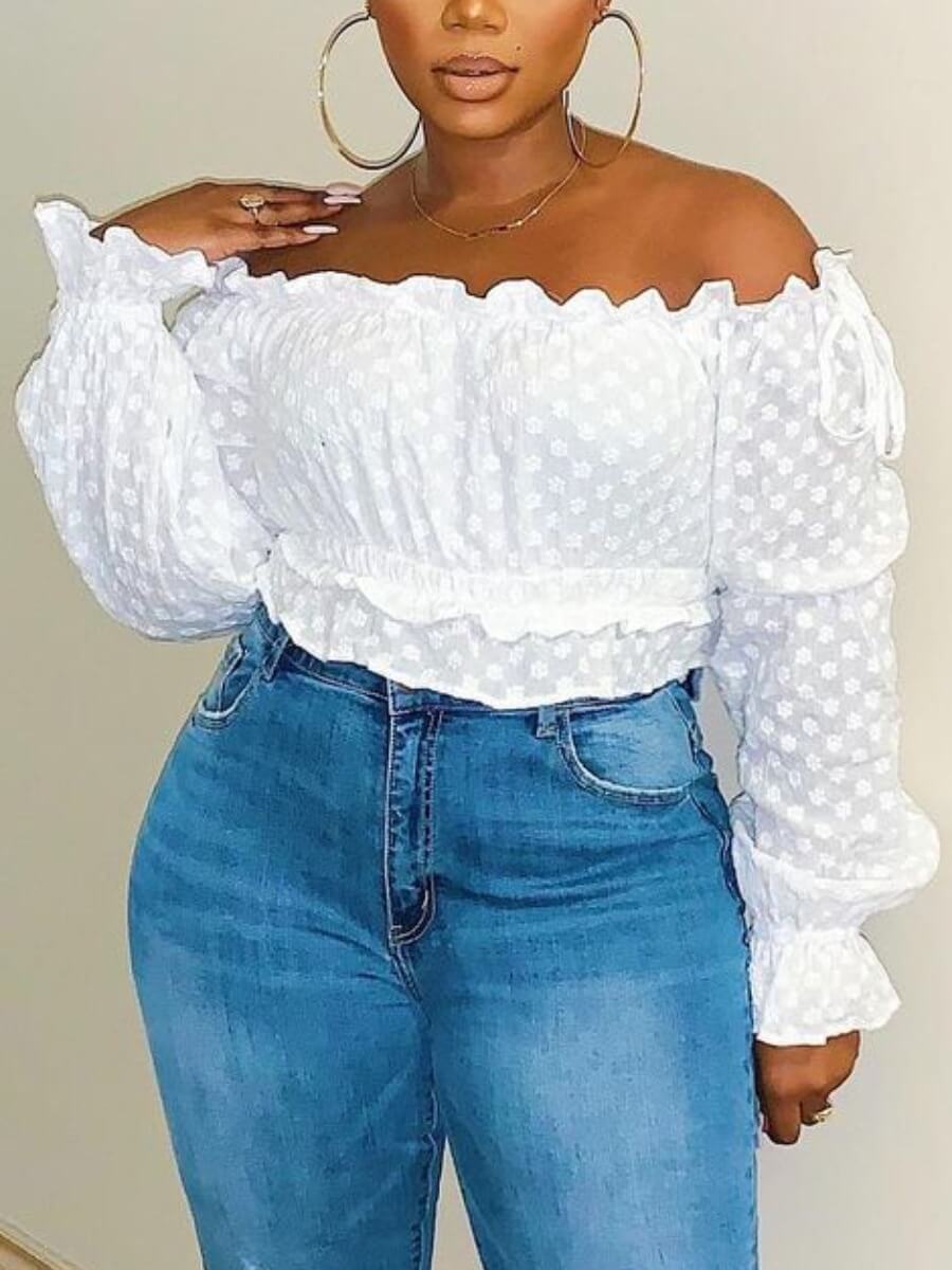 

Lovely Sweet Dew Shoulder Dot Print White Blouse