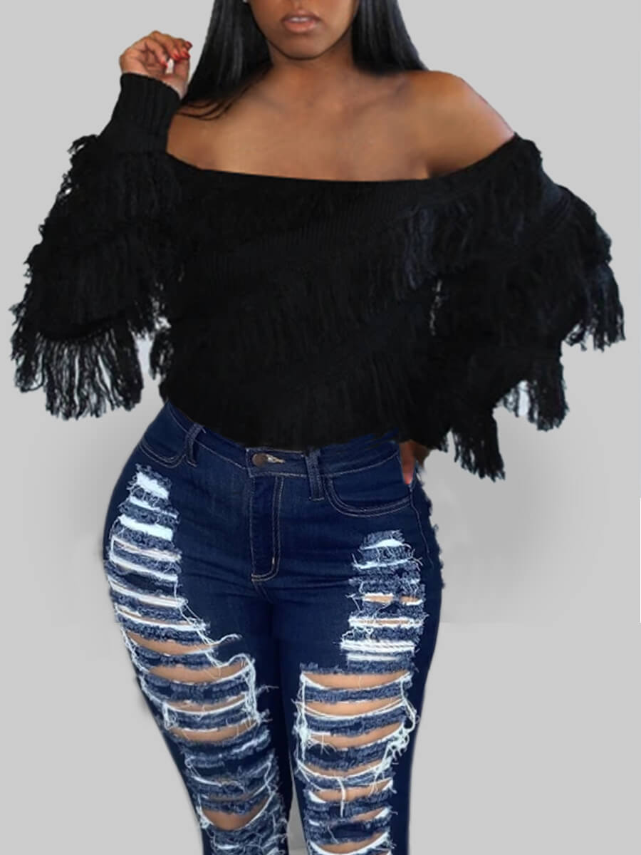 

Lovely Street Off The Shoulder Tassal Design Black Sweater